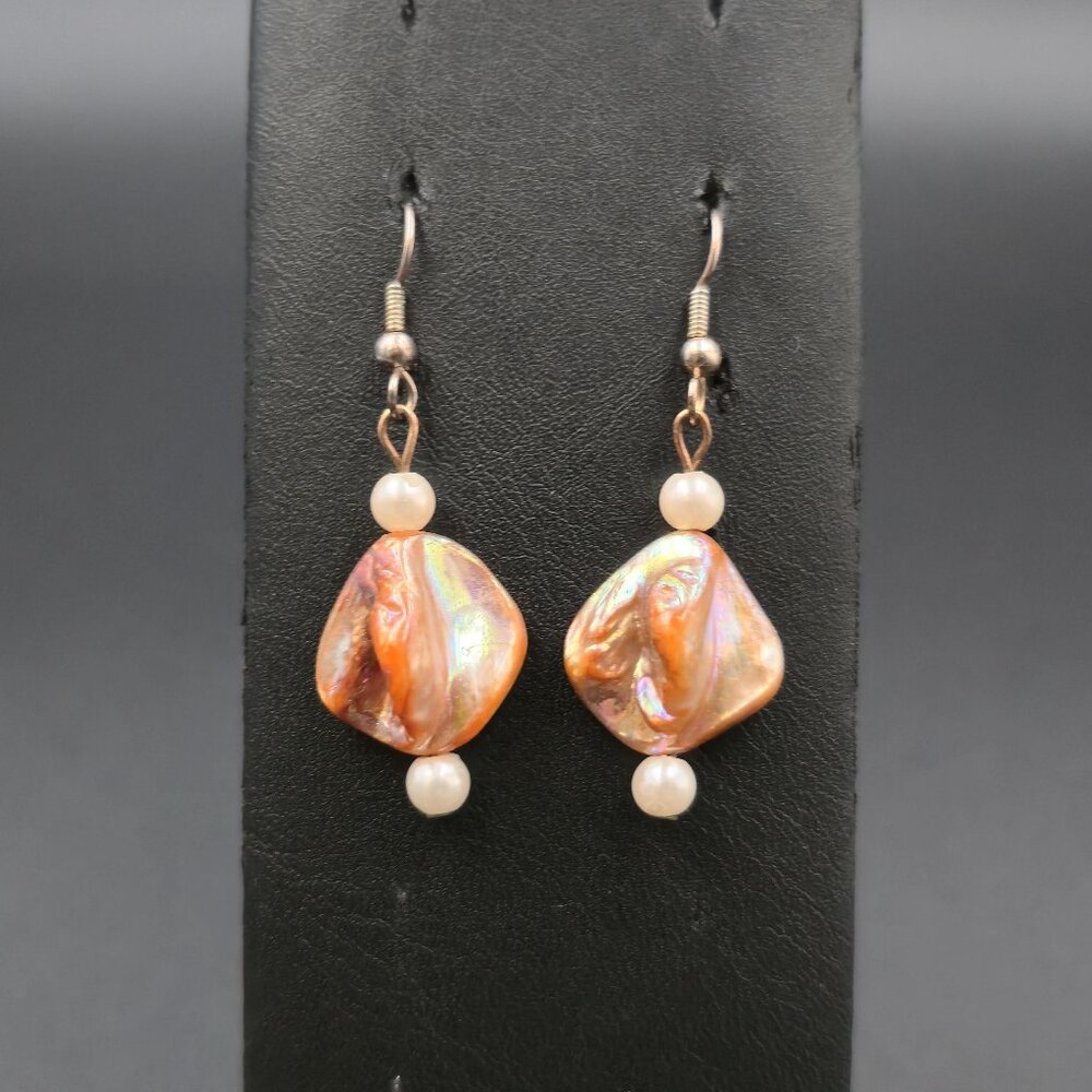 Silver Plated Over Copper Dyed Orange Rough Pearl Earrings A6857